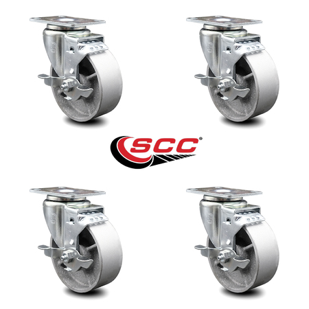 Service Caster 4 Inch Semi Steel Cast Iron Wheel Swivel Top Plate Caster Set with Brake SCC SCC-20S414-SSS-TLB-TP3-4